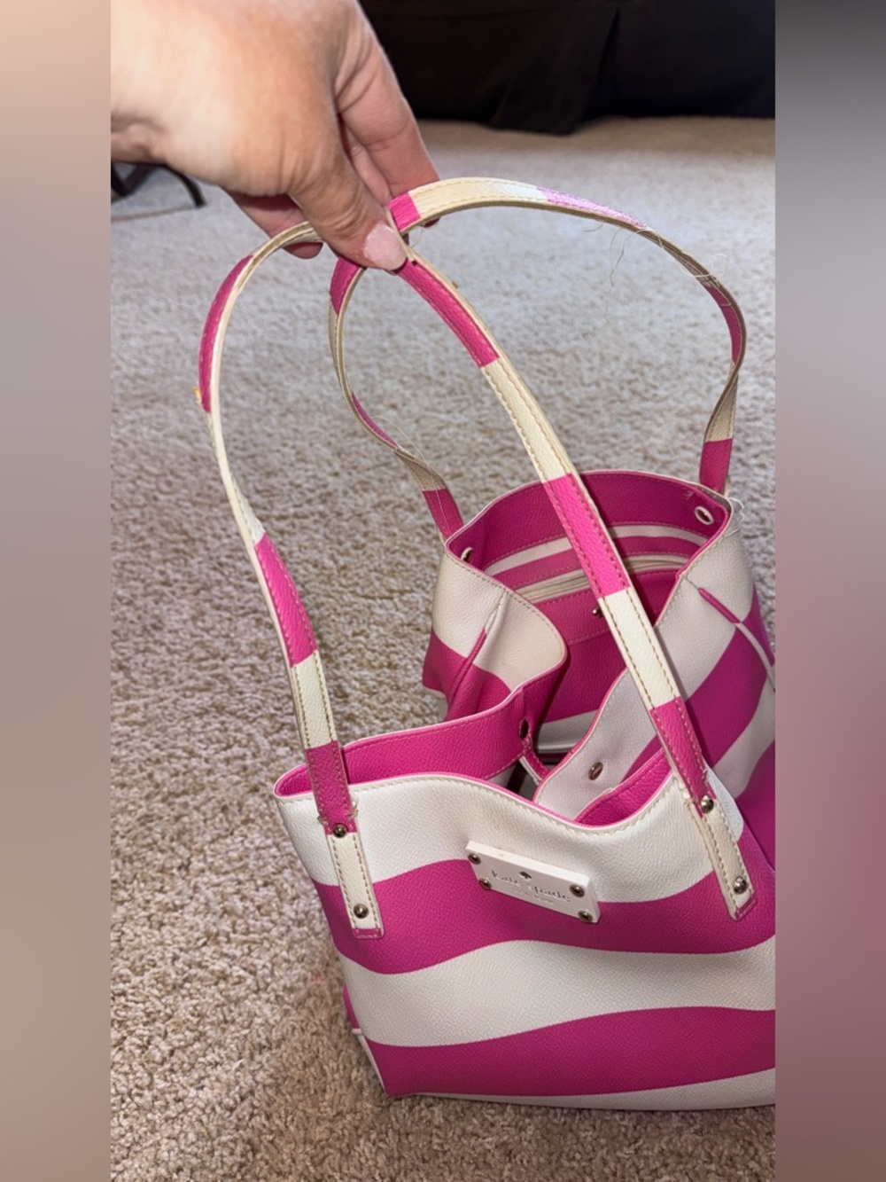 kate spade Pink and White Striped Leather Tote - Picture 6 of 8